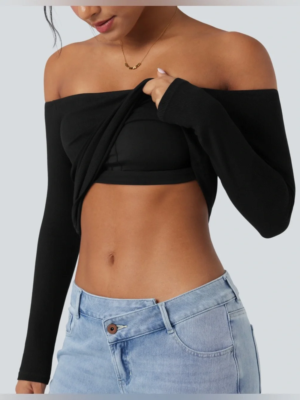 Halara Ribbed Knit Off Shoulder Long Sleeve 2-in-1 Casual Top Black Small